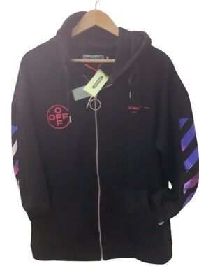 Off-White Black Zip Hoodie with Purple and Pink Sleeve Chevron